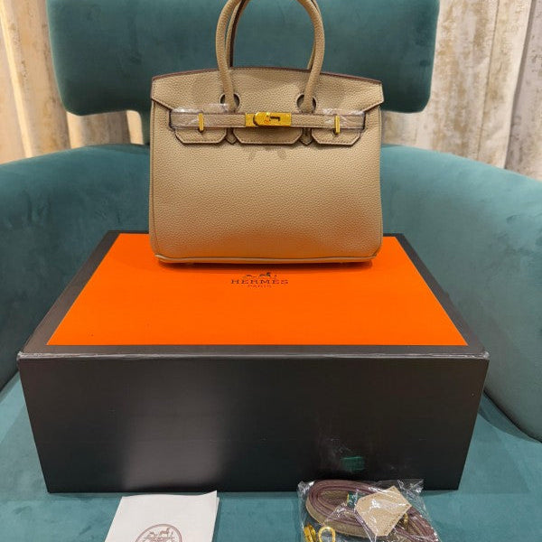 Hermes Apricot Grey Togo Leather Rose Gold Hardware Birkin Bag With Dust Bag & OG Box (BK25 Apricot Grey)