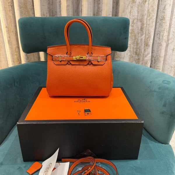 Hermes Orange Togo Leather Rose Gold Hardware Birkin Bag With Dust Bag & OG Box (BK25 Orange)