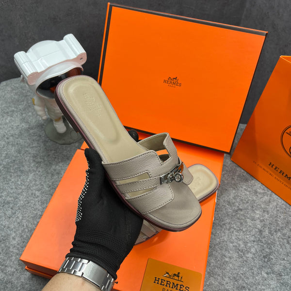 Hermes Paris Oran Flats With OG Box & Carry Bag H38 Grey Brown Slide