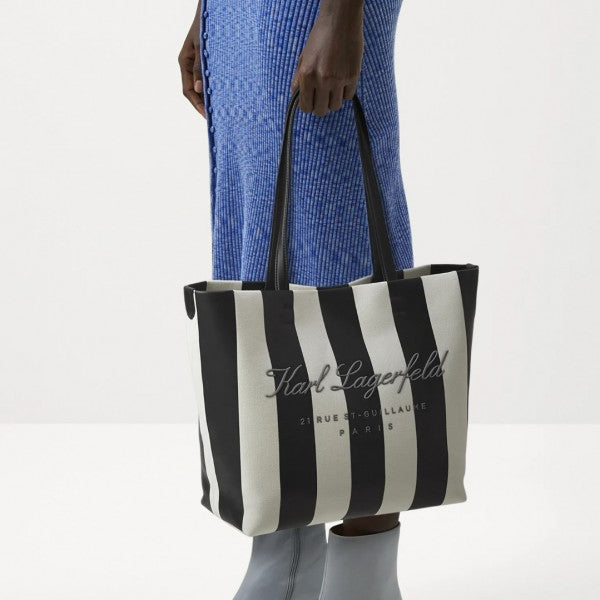 Karl Lagerfeld Hotel Beach Stripe Tote With Dust Bag Black White