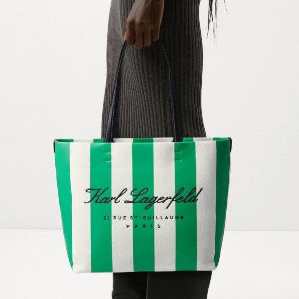 Karl Lagerfeld Hotel Beach Stripe Tote With Dust Bag Green Beige