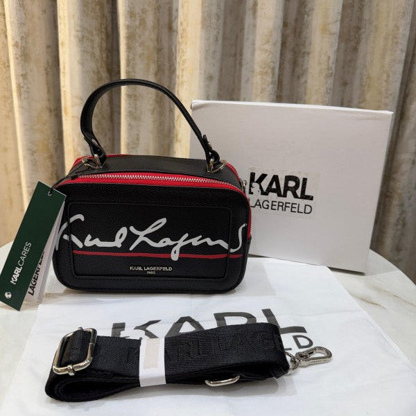 Karl Lagerfeld Simone Top Handle Leather Small Camera Sling Bag With OG Box & Dust Bag (Black KB027-2)