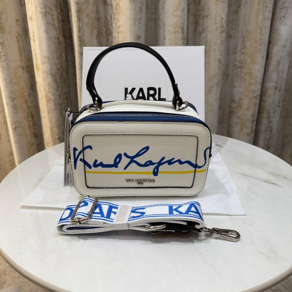 Karl Lagerfeld Simone Top Handle Leather Small Camera Sling Bag With OG Box & Dust Bag (White Blue KB027-2)