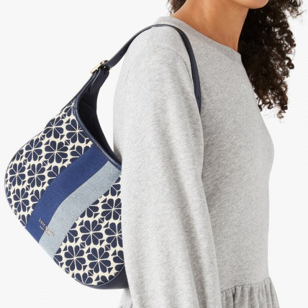 Kate Spade New York Flower Stripe Shoulder Bag in Jacquard With OG Box & Dust Bag (Blue - 9008)