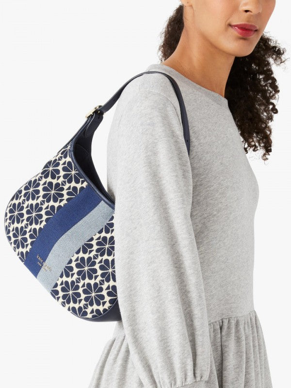 Kate Spade New York Flower Stripe Shoulder Bag in Jacquard With OG Box & Dust Bag (Blue - 9008)
