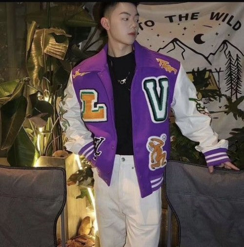 LV Logo Patched Premium Varsity Jacket With Leather Sleeves