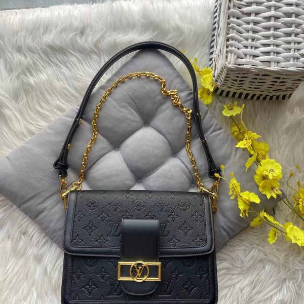 Louis Vuitton Dauphine MM Black Leather Embossed Monogram Bag With OG Box & Dust Bag M45958 Black