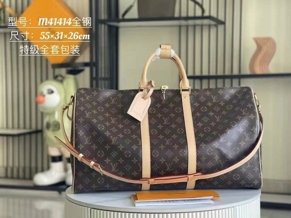 Louis Vuitton LV M41414 Keepall Bandoulire Premium Monogram Unisex Duffle Bag With Dust Bag & Accessories (Brown - 862)