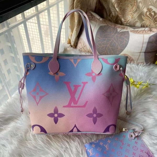 Louis Vuitton LV M59859 Neverfull Tote Bag Premium Quality With Extra Pouch & Dust Bag (Pink Blue - 557)