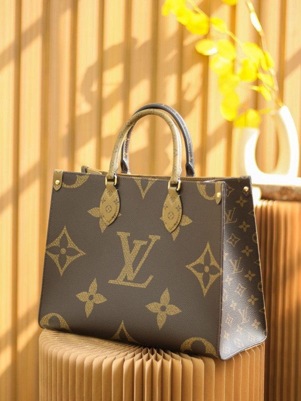 Louis Vuitton LV On The Go Monogram And Monogram Reverse Premium Leather Tote Bag With Dust Bag (Brown 43751)