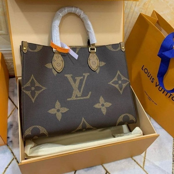 Louis Vuitton LV On The Go Premium Monogram And Monogram Reverse Leather Tote Bag With OG Magnetic Box & Dust Bag (Brown - 582)