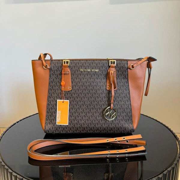 Michael Kors Charlotte Signature Leather Large Top Zip Tote Handbag Bag Womens (Brown)