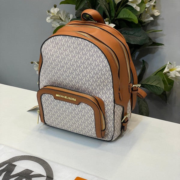Michael Kors Double Zipper Backpack With Dust Bag (22M07 Beige Brown)