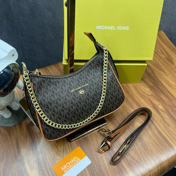 Michael Kors MK Jet Set Small Logo Pochette With Shoulder Strap With OG Box & Dust Bag 22317 Coffee Brown