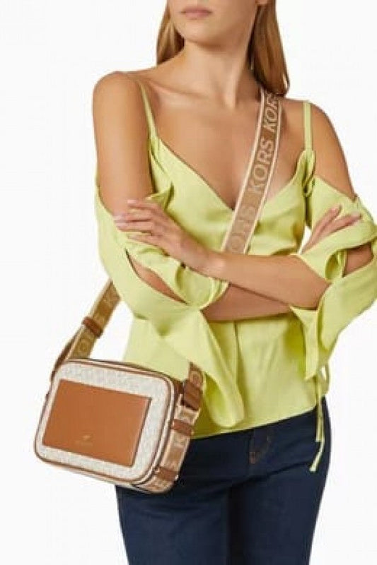 Michael Kors MK Logo Print MaeveCrossbody Bag With OG Box & Dust Bag (BeigeBrown-2318)