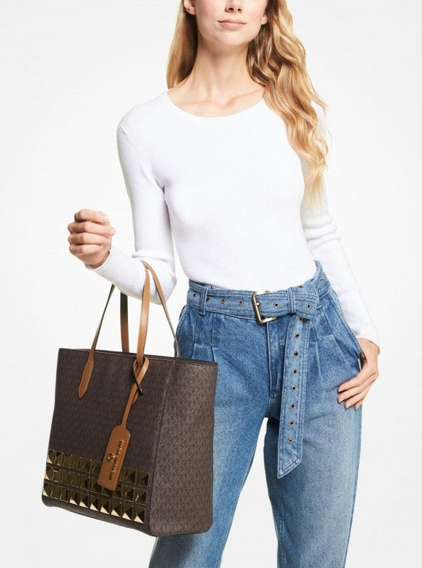 Michael Kors MK MK Sinclair Large Studded Logo Tote Bag (Brown)