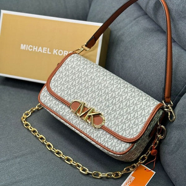 Michael Kors Parker Medium Logo Shoulder Bag With Dust Bag & OG Box 22319 Beige Brown