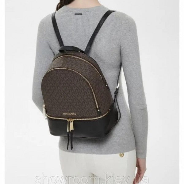 Michael Kors Rhea Medium Logo and Pebbled Leather Backpack With Dust Bag (Coffee Black - 6448)