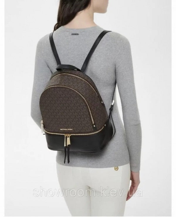 Michael Kors Rhea Medium Logo and Pebbled Leather Backpack With Dust Bag (Coffee Black - 6448)