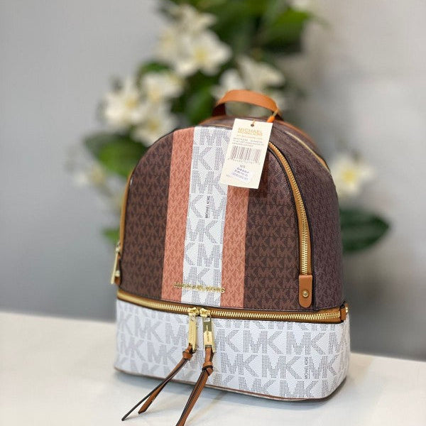 Michael Kors Rhea Medium Logo and Pebbled Leather Backpack With Dust Bag (ColorsCoffeeWhite - 6448)