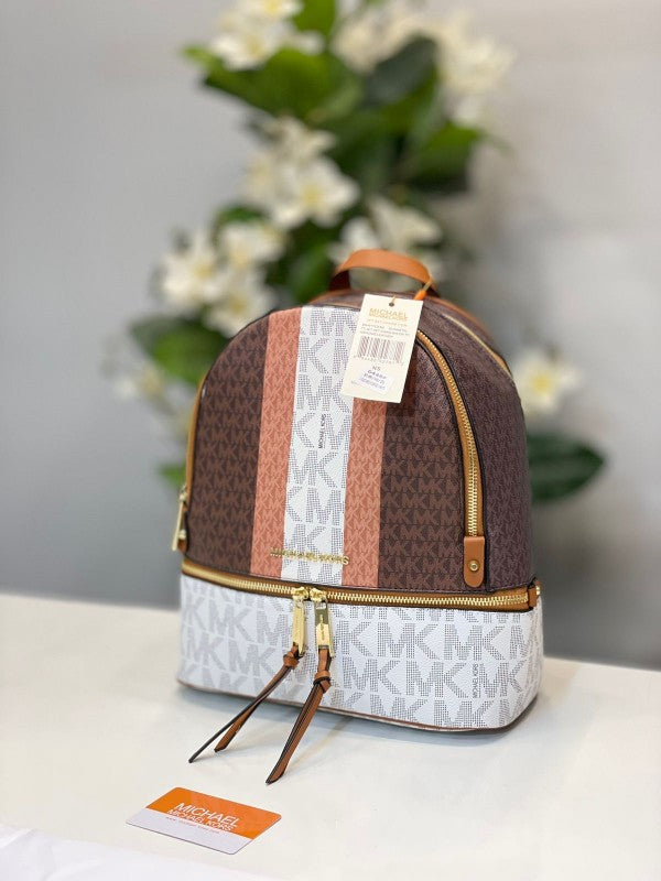 Michael Kors Rhea Medium Logo and Pebbled Leather Backpack With Dust Bag (ColorsCoffeeWhite - 6448)