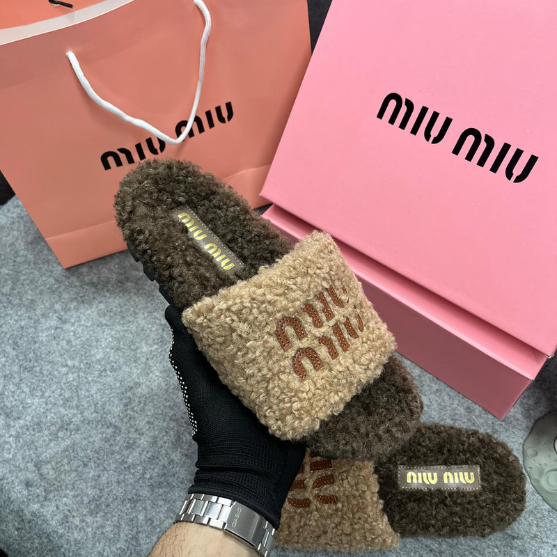 Miu Miu Fur Beige Brown Slippers For Her With OG Box Dust Bag & Carry Bag Beige Brown- 24D