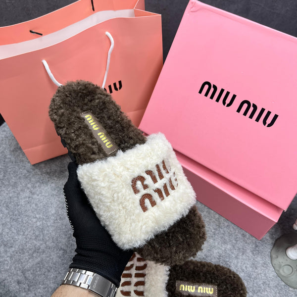 Miu Miu Fur White Brown Slippers For Her With OG Box Dust Bag & Carry Bag White Brown- 24D
