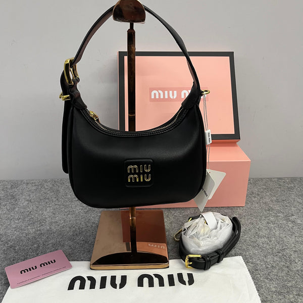Miu Miu Leather Hobo armpit Bag With OG Box & Dust Bag (359 Black)