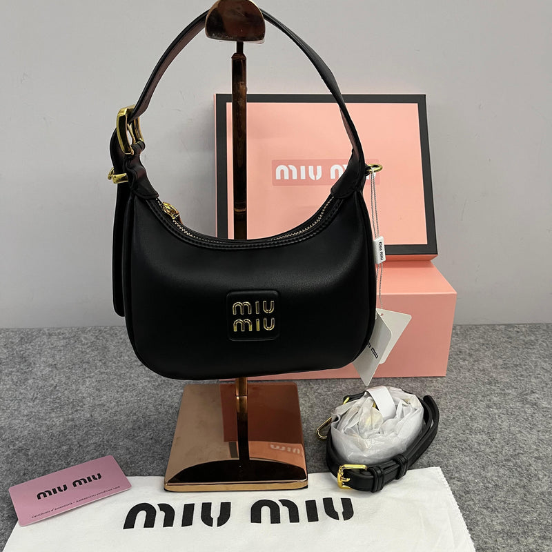 Miu Miu Leather Hobo armpit Bag With OG Box & Dust Bag (359 Black)