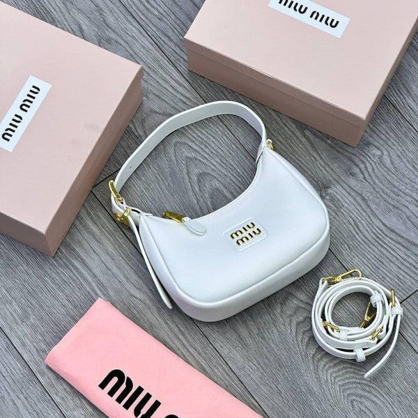 Miu Miu Leather Hobo armpit Bag With OG Box & Dust Bag (359 White)