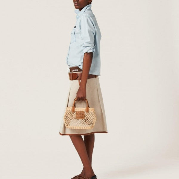 Miu Miu Woven Fabric Handbag With Leather Trim With Pouch With Dust Bag (609 Brown)