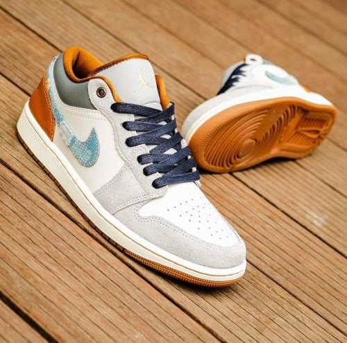 Nike Air Jordan 1 Low SE Phantom Repaired Denim Swoosh Shoes