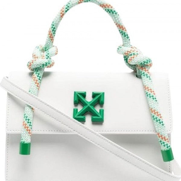 Off-White Leather Insert Gummy Greeny With Metallic Green Arrows At Front. Rope Handle Jitney 1.4 Shoulder Bag (D88532 White) – Bag