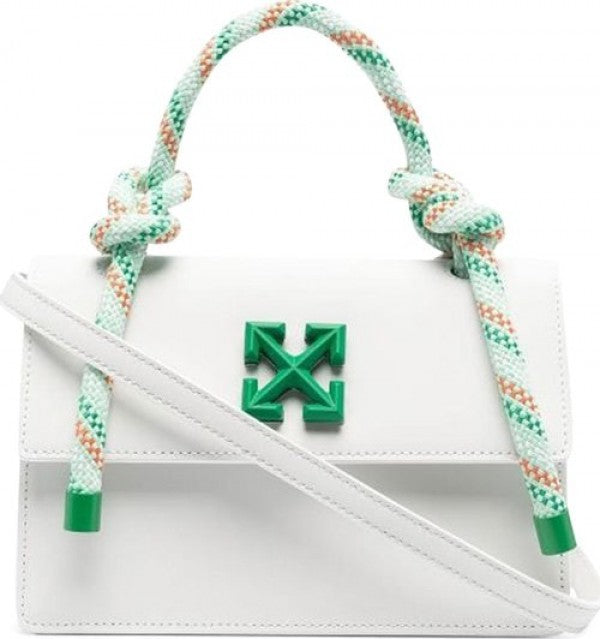 Off-White Leather Insert Gummy Greeny With Metallic Green Arrows At Front. Rope Handle Jitney 1.4 Shoulder Bag (D88532 White) – Bag