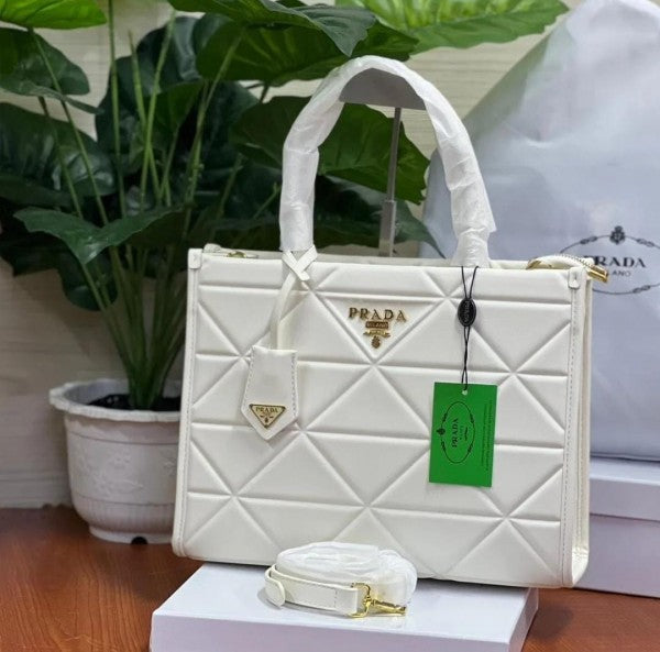 Prada Leather Symbole Tote Bag With OG Box & Dust Bag (White-891) (Elegant) Bag