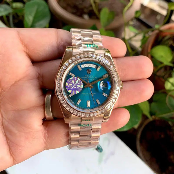 Rolex Day Date Rose Gold Blue Dial Diamond Bezel Watch