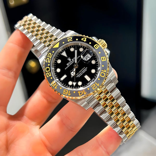 Rolex GMT Master Black Dial Gold Silver Chain Watch