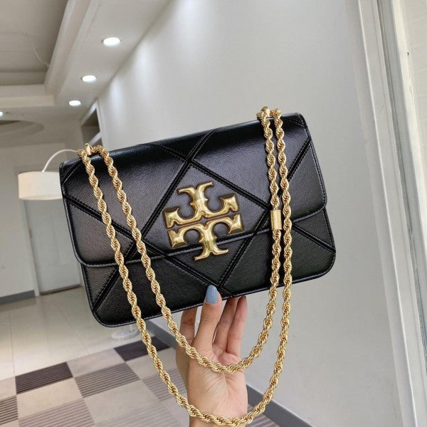 Tory Burch Black Diamond Quilt Leather Eleanor Shoulder Bag With OG Box & Dust Bag TR085 Black Bag