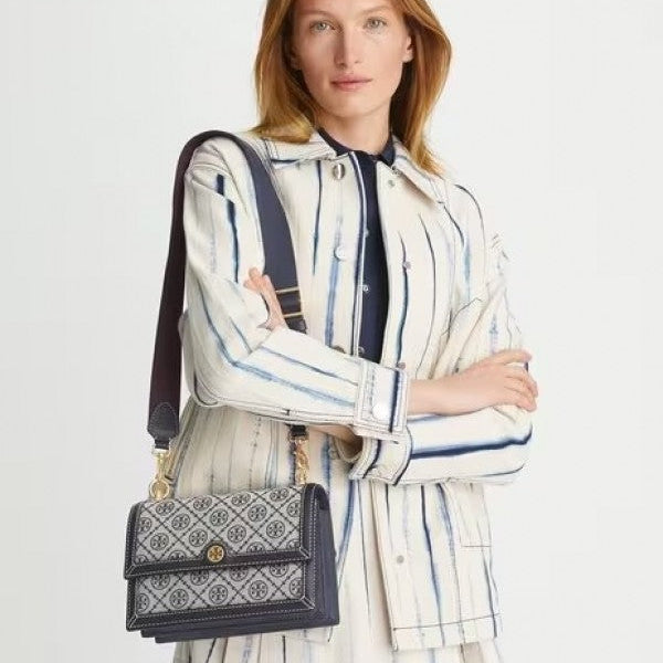 Tory Burch T Monogram Shoulder Bag With Adjustable Strap With OG Box & Dust Bag (Blue - 174)