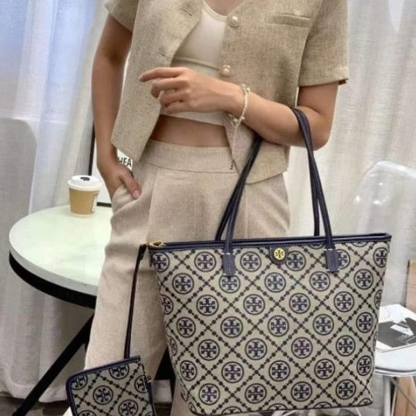 Tory Burch T Monogram Tote With OG Box & Dust Bag & Extra Pouch (Blue 633)