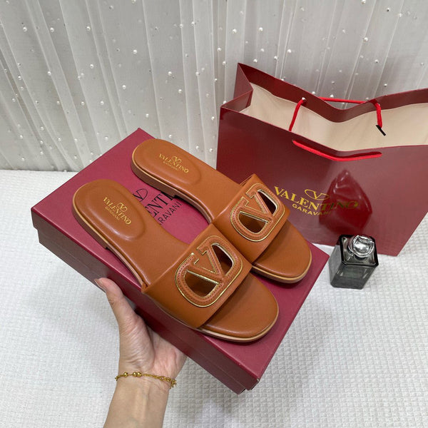 WMN Valentino Premium V-Logo Signature Slides Brown
