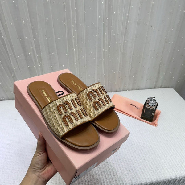 Women? Miu Miu Premium Tan Leather Embroidered Metallic Slides
