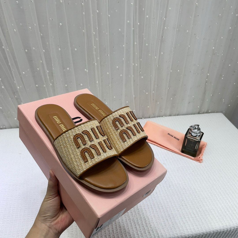 Women? Miu Miu Premium Tan Leather Embroidered Metallic Slides