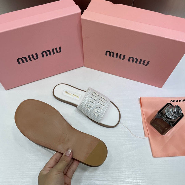 Women? Miu Miu Premium White Leather Embroidered Metallic Slides