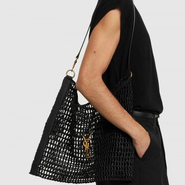 YSL Saint Laurent Cassandre Raffia Tote Straw Beach Pouch Bag with Dust Bag (601 Black)