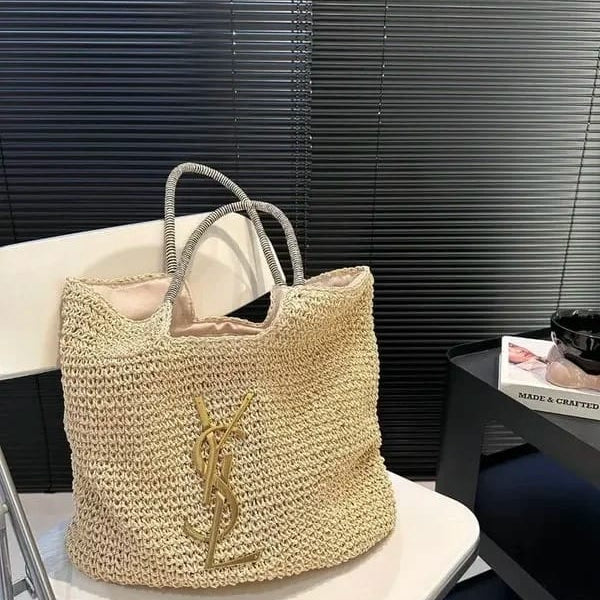 YSL Saint Laurent Icare Raffia Jute Tote Bag with Original Box & Dust Bag (Beige - 992)