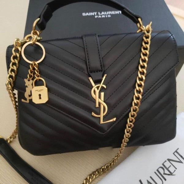 YSL Yves Saint Laurent Grain De Poudre Matelass?Chevron Medium Satchel Black with Dust Bag (1818 Black)