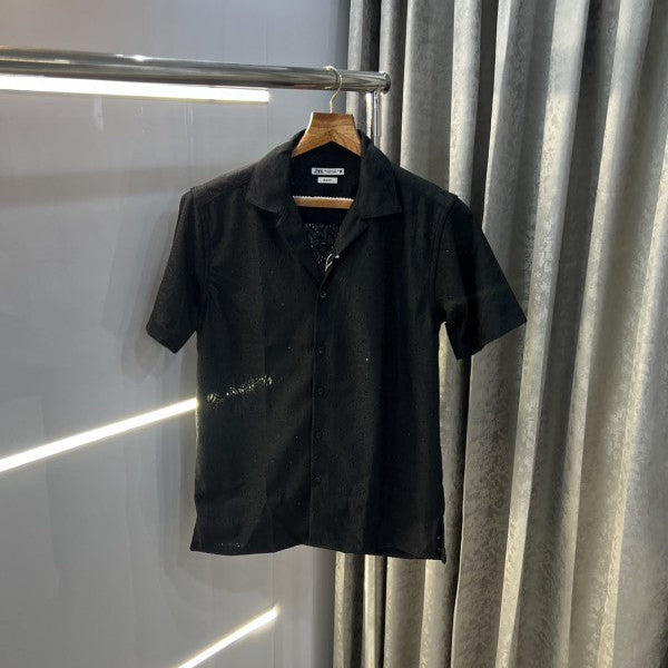 Zara Black Leaf Printed Premium Crochet Shirt